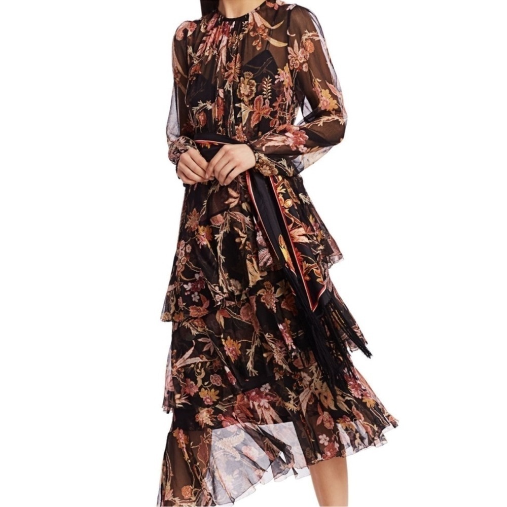 Zimmermann Wavelength Floral Tiered Ruffle
Tie-Waist Midi Dress Black Silk 4
